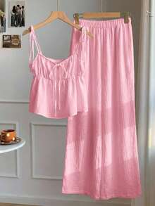 Comfortcana Plus Size 2 Pieces Set: Linen Ruffle Hem Camisole And Wide Leg Pants, Casual Holiday Style - Pink - View 6