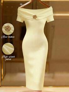 Franclia Women's Elegant Metal Decor Off Shoulder Fitted Dress, Summer Date Night Pale Yellow - Yellow - View 3