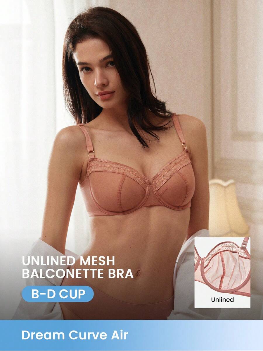 LUVLETTE Áo ngực Dream Curve Air không lót, kiểu balconette, thoáng khí, giảm kích thước, tông màu đất, chất liệu lưới xuyên thấu và ren dành cho nữ. - Rỉ Nâu - Xem 1