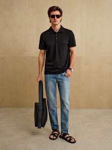 Manfinity Homme 男士夏季純色短袖休閒Polo衫，適用於通勤 - 黑色 - 查看 3