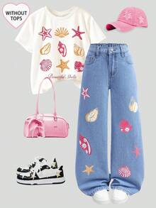 SHEIN 少女时尚休闲 Y2K 复古酷炫街头可爱精致粉色卡通贝壳星星度假图案蓝色宽松舒适牛仔裤日常穿着春夏锐舞节和街头服饰 - 藍色 - 查看 6