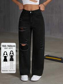 SHEIN PETITE Jeans rectos de mujer con lavado desgastado y efecto desgastado - Negro - Ver 1
