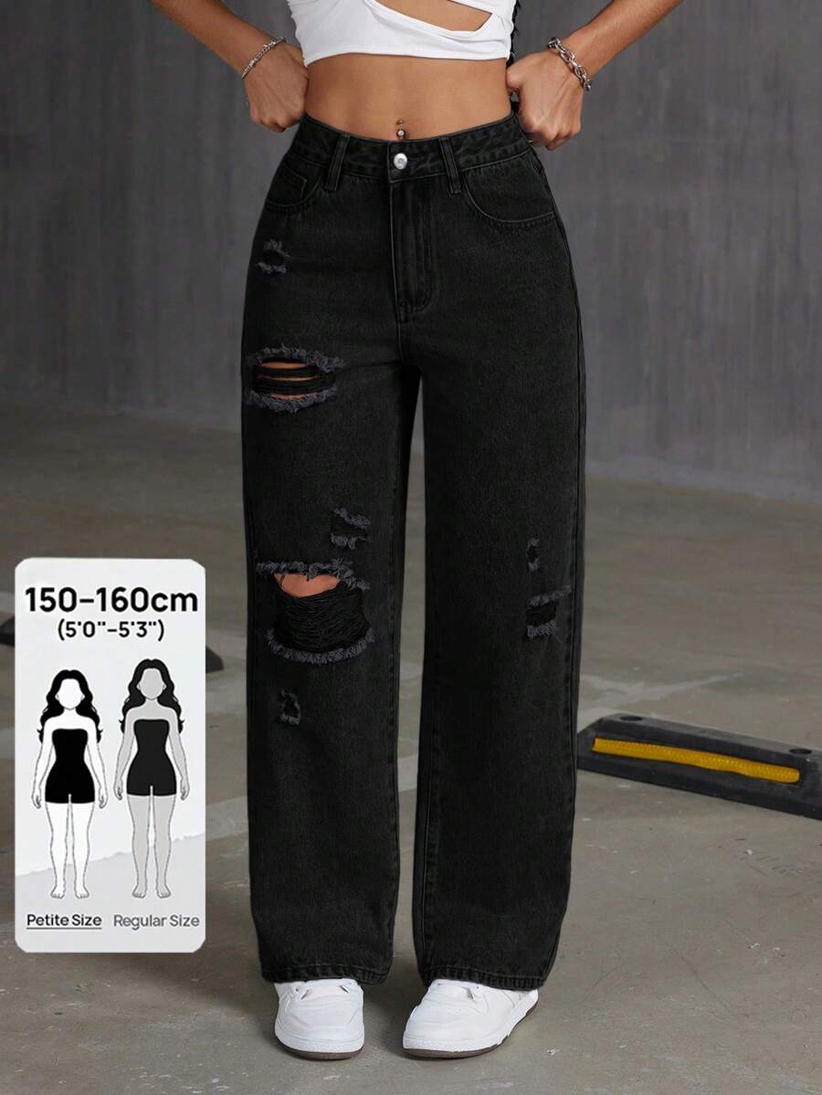 SHEIN PETITE Jeans rectos de mujer con lavado desgastado y efecto desgastado - Negro - Ver 1