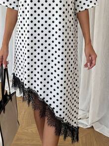 LUNE Vestido de talla media de manga corta con bajo asimétrico, de uso diario, de vacaciones y casual, de unicolor con parches de encaje, de moda básica para mujeres - Blanco y Negro 2 - Ver 6