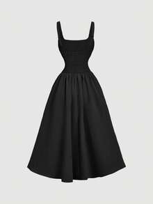 SHEIN MOD Đầm xếp ly thời trang màu trơn dành cho nữ - màu đen - Xem 6