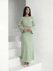 Veilorie Đầm nữ thanh lịch, kín đáo, thêu hoa, tay loe kiểu Ả Rập. - màu xanh lá - Xem 6