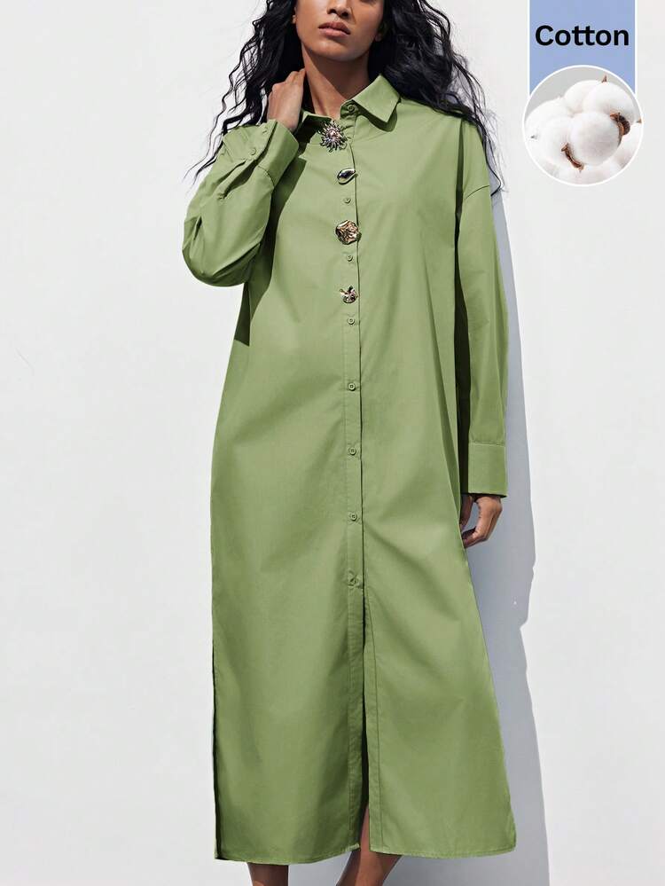 SHEIN Maija Women's Solid Color Dress, Featuring Front Button Design And Long Sleeves, Casual And Minimalist, Fashionable And Practical. The Overall Silhouette Is Graceful And Appropriate, Suitable For Daily Outings And Various Occasions, Effortlessly Showcasing Feminine Elegance And Natural Charm.