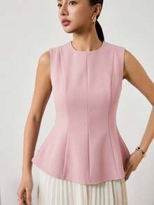 EastFlair Camiseta de cuello redondo sin mangas de unicolor y minimalista para mujer, uso casual diario - Rosa - Ver 5