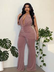 Maweii Plus Size Women's Dusty Rose Summer Elegant Night Out Club Spaghetti Strap Camisole,Underwire,Fitted Flare Pants,Stretch Fabric Two Pieces Set - Dusty Pink - View 6