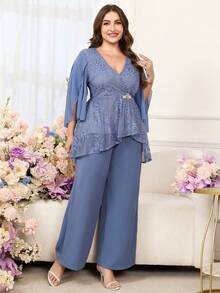 Reflora Bộ đồ 2 mảnh cỡ lớn, màu trơn, phối ren, cổ chữ V, kiểu dáng thanh lịch gồm áo và quần. - Màu xanh lam - Xem 7