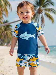 Baby Boy Cartoon Beach Print Raglan Short Sleeve Shorts Swimsuit Set - Blue - View 7