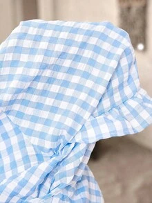 EMERY ROSE Plus Size Plaid Minimalist Casual Round Neck Short Sleeve Shirt - Baby Blue - View 7