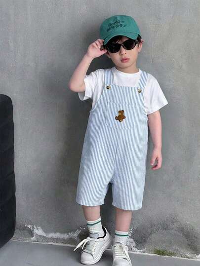 SHEIN 适合小男孩的休闲百搭舒适条纹连体衣