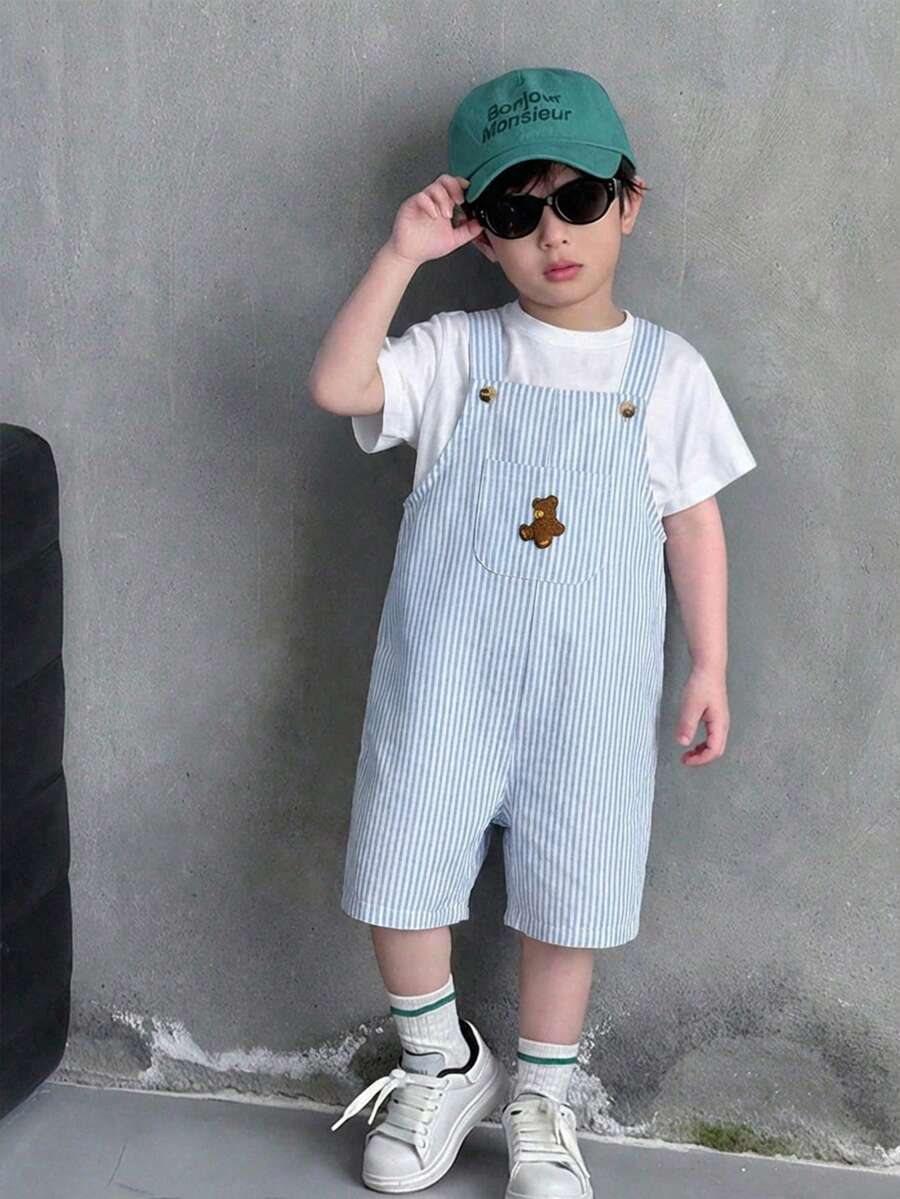 SHEIN Bộ áo liền quần kẻ sọc thoải mái, đa năng, dễ mặc cho bé trai.