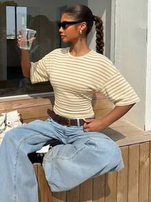 Muchica Women's Summer New Striped Waist Fitted Short Sleeve T-Shirt - Khaki - View 3