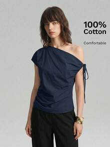 Ontre 女士纯色不对称肩部系带衬衫，适合都市通勤、商务休闲、优雅度假、派对和婚礼宾客等场合，夏季上衣 - 藏蓝色 - 查看 7