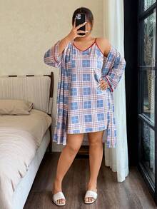 Napfluff CURVE Napfluff CURVE Plus Size Plaid Print Camisole Nightgown And Robe Set - Multicolor - View 3
