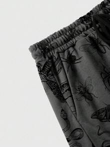 ROMWE Goth 加大码植物昆虫印花抽绳腰休闲短裤，适合居家和户外穿着 - 灰色 - 查看 3