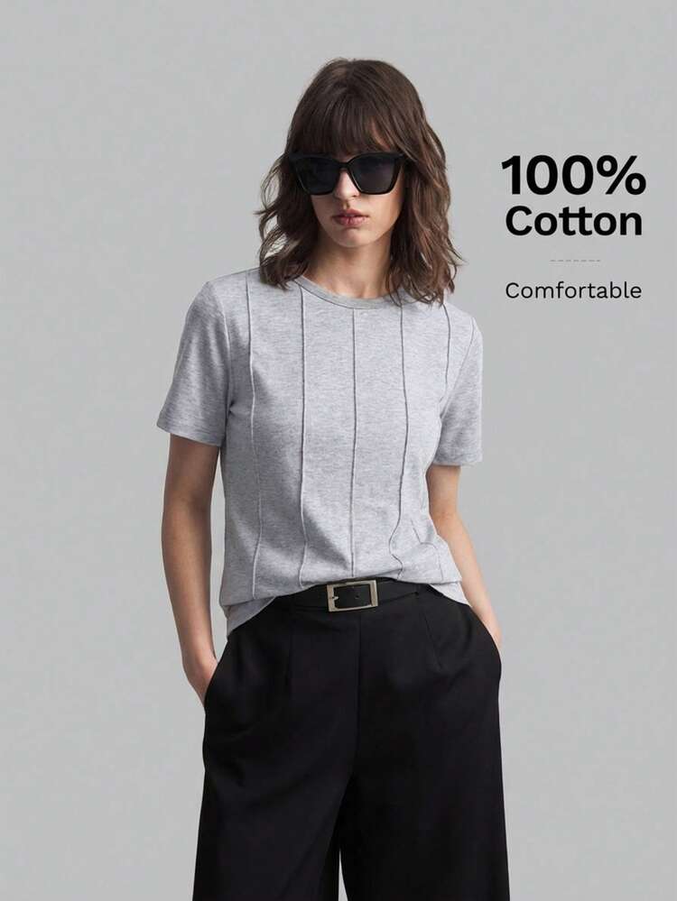 2026 Spring/Summer Women's Solid Color Round Neck Toothpick Striped Design Short Sleeve Casual T-Shirt, Suitable For Summer Casual Urban, Minimalist Fashion, Urban Commute, Elegant Simplicity, Teacher's Day Outfit, Women's Office Knit Fabric Loose Fit, Holiday Vacation Versatile Women's T-Shirt