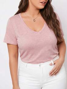 SHEIN BASICS 大码纯色V领短袖休闲舒适上衣 - 淺粉色 - 查看 5