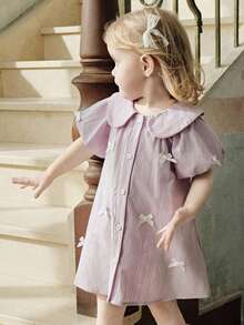 Cozy Pixies Baby Girl Bowknot Decor Petal Sleeve Ruffle Dress - Purple - View 12