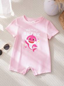 BABY SHARK X SHEIN Áo liền quần cho bé gái in chữ hoạt hình, kiểu dáng thường ngày. - Hồng - Xem 3