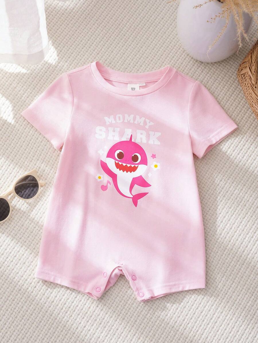 BABY SHARK X SHEIN Áo liền quần cho bé gái in chữ hoạt hình, kiểu dáng thường ngày. - Hồng - Xem 1