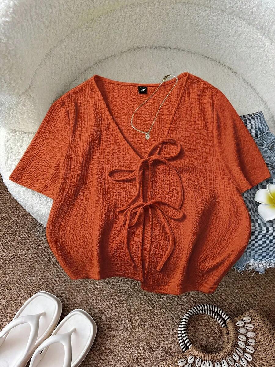 SHEIN LUNE 大尺碼女款夏季休閒純色前綁帶上衣,可愛優雅亞麻風,最新款商務曲線修身上衣 - 橘色 - 查看 1