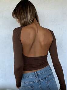 Zyxie Áo thun croptop hở lưng màu trơn thời trang gợi cảm dành cho nữ - màu nâu - Xem 4