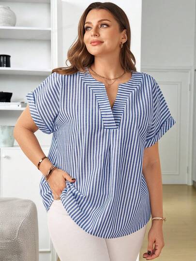 Rosumi Plus Size Women's Summer Casual Vacation Country  Blue & White Striped Patchwork  V Neck Short Sleeve Blouse Top Shirt,Summer\Vacation,Summer Holiday,Spring Break Outfits ,Vacation Outfits Women ,Holiday Outfits For Women,Going Out Outfits,2026 New Clothes,Simple And Fashionable For Everyday Wear,Suitable For Summer, Vacation, Daily Wear, Women Summer Shirts, Summer Casual Tops, Blouses For Women Summer
