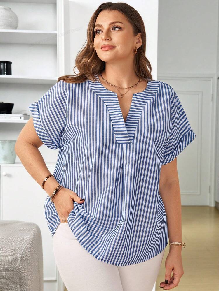 Plus Size Women's Summer Casual Vacation Country  Blue & White Striped Patchwork  V Neck Short Sleeve Blouse Top Shirt,Summer\Vacation,Summer Holiday,Spring Break Outfits ,Vacation Outfits Women ,Holiday Outfits For Women,Going Out Outfits,2026 New Clothes,Simple And Fashionable For Everyday Wear,Suitable For Summer, Vacation, Daily Wear, Women Summer Shirts, Summer Casual Tops, Blouses For Women Summer