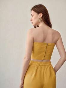 MOTF PREMIUM WOMEN'S FLORAL DECOR ZIPPER BACK TUBE TOP - Yellow - View 2
