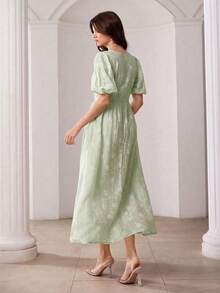 Modelyn V-Neck Petal Sleeve Jacquard Front Button Dress - Green - View 4