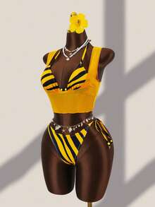 Bộ bikini 3 mảnh gợi cảm hở lưng, buộc dây cổ, đính hạt cườm, thích hợp cho kỳ nghỉ hè ở bãi biển, dành cho nữ. - trái cam - Xem 6