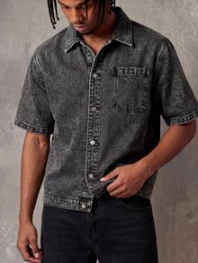 RHETRK Chemise en jean à manches courtes décontractée de couleur unie pour hommes grande taille - Noir - Voir 1