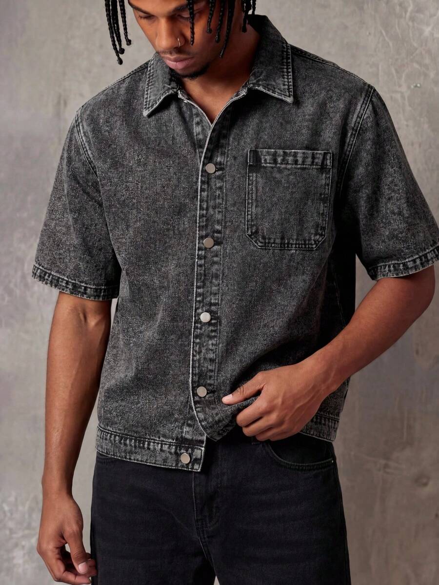 RHETRK Chemise en jean à manches courtes décontractée de couleur unie pour hommes grande taille - Noir - Voir 1