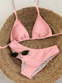 Swim Mod Bộ bikini 2 mảnh dành cho nữ, màu đen, họa tiết chấm bi trắng ngẫu nhiên, kiểu dáng ngọt ngào, dễ thương, cổ yếm, cạp cao, thích hợp cho mùa Xuân/Hè 2026. - Hồng - Xem 1