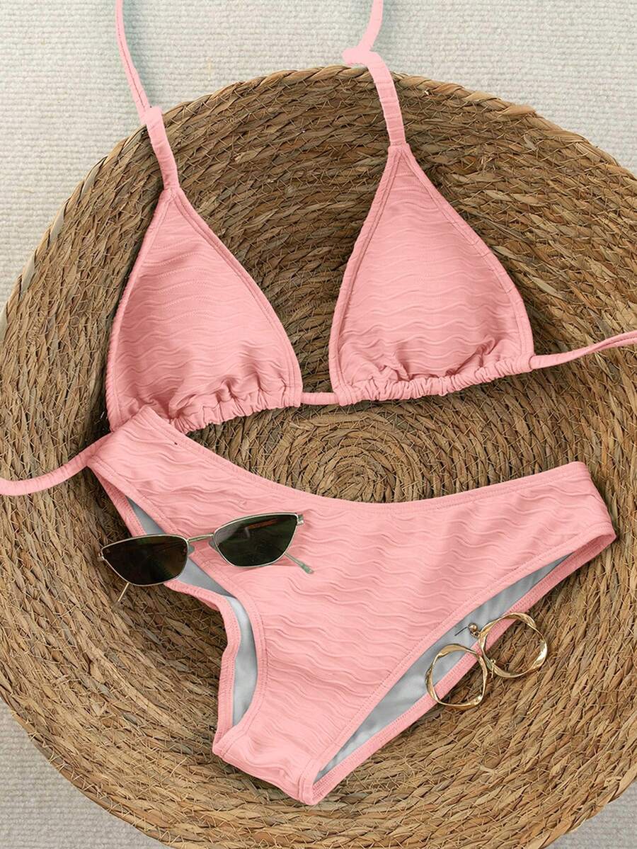 Swim Mod Bộ bikini 2 mảnh dành cho nữ, màu đen, họa tiết chấm bi trắng ngẫu nhiên, kiểu dáng ngọt ngào, dễ thương, cổ yếm, cạp cao, thích hợp cho mùa Xuân/Hè 2026. - Hồng - Xem 1