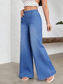 Flexra Women's Elastic Waist Dual Pocket Wide Leg Loose Casual Jeans - Blue - View 5