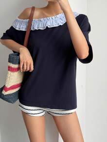 DAZY Women's Casual Frill Trim Asymmetrical Shoulder Short Sleeve T-Shirt, Summer - Navy Blue - View 5