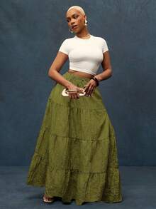 Solid Textured Crepe Low Waist Adjustable Drawstring Tiered Flowy Maxi Skirt - Olive Green - View 3