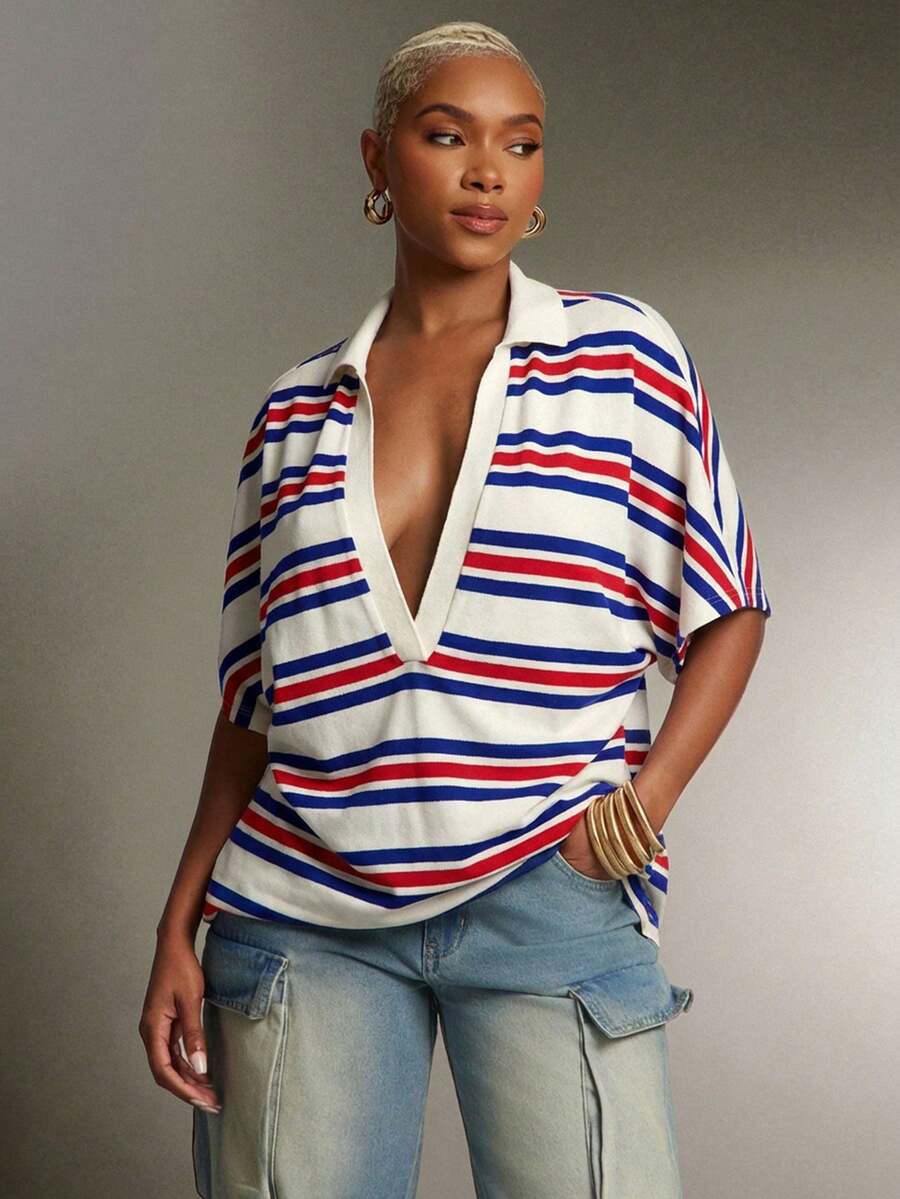 Denimoi 深V领翻领超大款条纹Polo衫 时尚上衣 - 藍色 - 查看 1