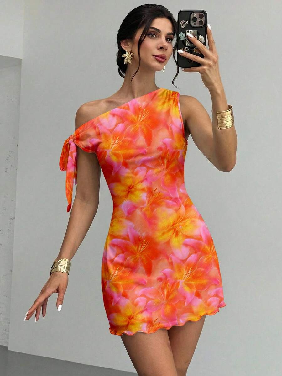 Firerie 女士夏季新款印花不对称露肩性感优雅度假迷你连衣裙，网纱印花连衣裙，不对称领口连衣裙，春夏服装，沙滩装，优雅，性感，度假，海滩，夏威夷，约会，派对，音乐节，毕业礼服，舞会礼服 - 橘色 - 查看 1