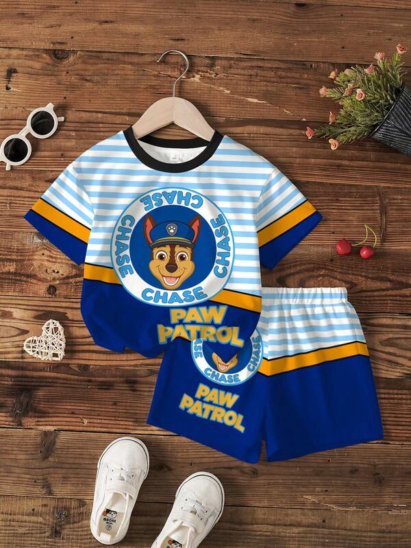 SHEIN | PAW Patrol 男童卡通印花圆领短袖T恤和短裤套装