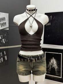 SHEIN HypeZone Streetwear Women's Solid Black Sleeveless Tie-Up Knit Top - Black - View 3