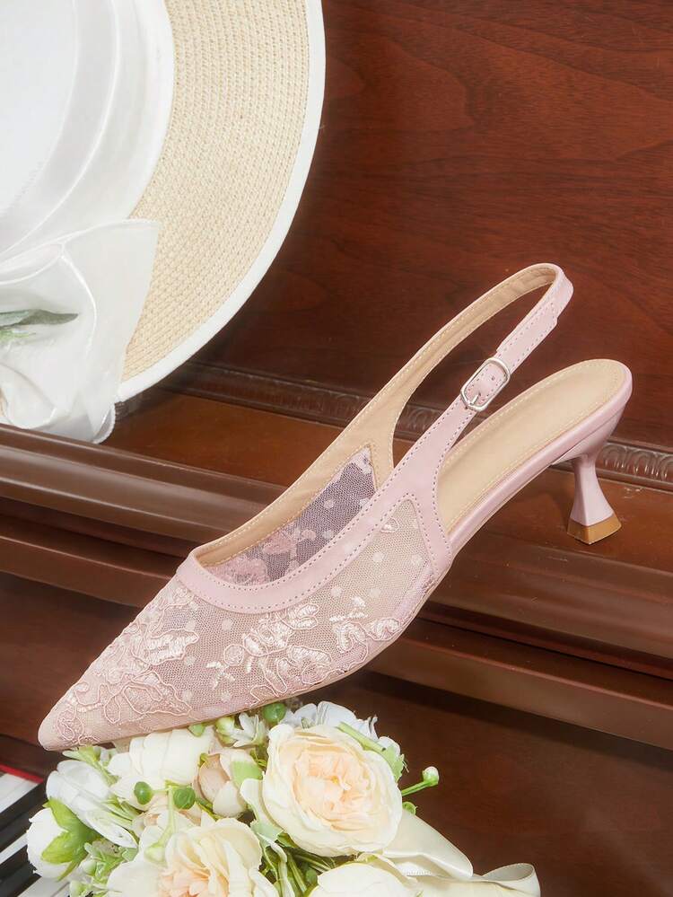CUCCOO HITCHD Women Shoes New Naked Pink Lace Slingback Shoes Women's Pointed Thin Heel Temperament High Heels