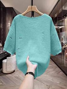 Manfinity Homme Áo thun nam cổ tròn màu trơn, kiểu dáng bụi bặm, đa năng, thích hợp mặc hàng ngày. - Màu xanh nhạt - Xem 2