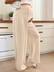 Loomaby Pregnant Women's Solid Color Metal Decor Seam Front Elegant Maternity Wide Leg Pants Photoshoot Spring - Khaki - View 7