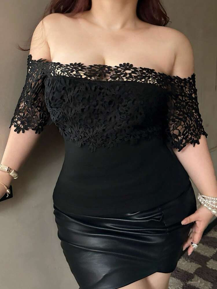 Dazy Plus Lace Patchwork One-Shoulder Elegant Fitted Cropped Plus Size Women Black Short Sleeve T-Shirt Off The Shoulder