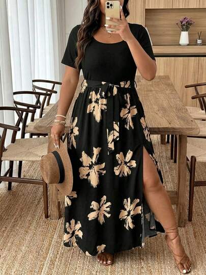 Embrisa Große Größen einfarbiges Leoparden-Patchwork Kurzarm Kleid für Frauen als Alltagskleidung im Herbst